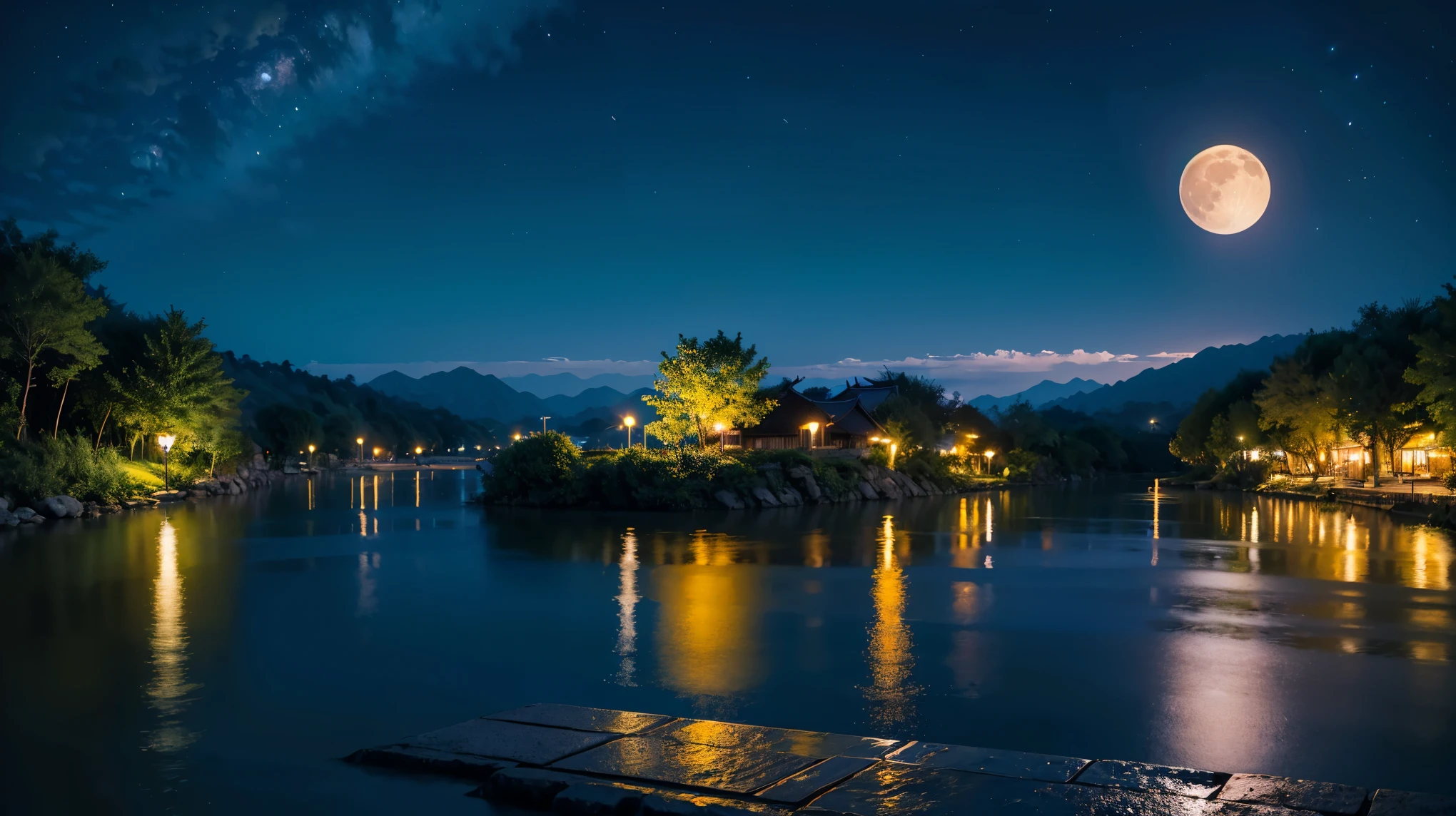 アジアの家のNight view, Vietnam, Vietnam, Hazan, moon, Lake in the foreground, quiet night, Green and Blue, Digital Illustration, Highly detailed digital art in 4K, Night view, anime art wallpaper 4k, anime art wallpaper 4k, 4K Detailed Digital Art, Natural scenery at night, Anime Art Wallpapers 8K, Background artwork, Beautiful Art UHD 4K, 4k HD illustration wallpaper