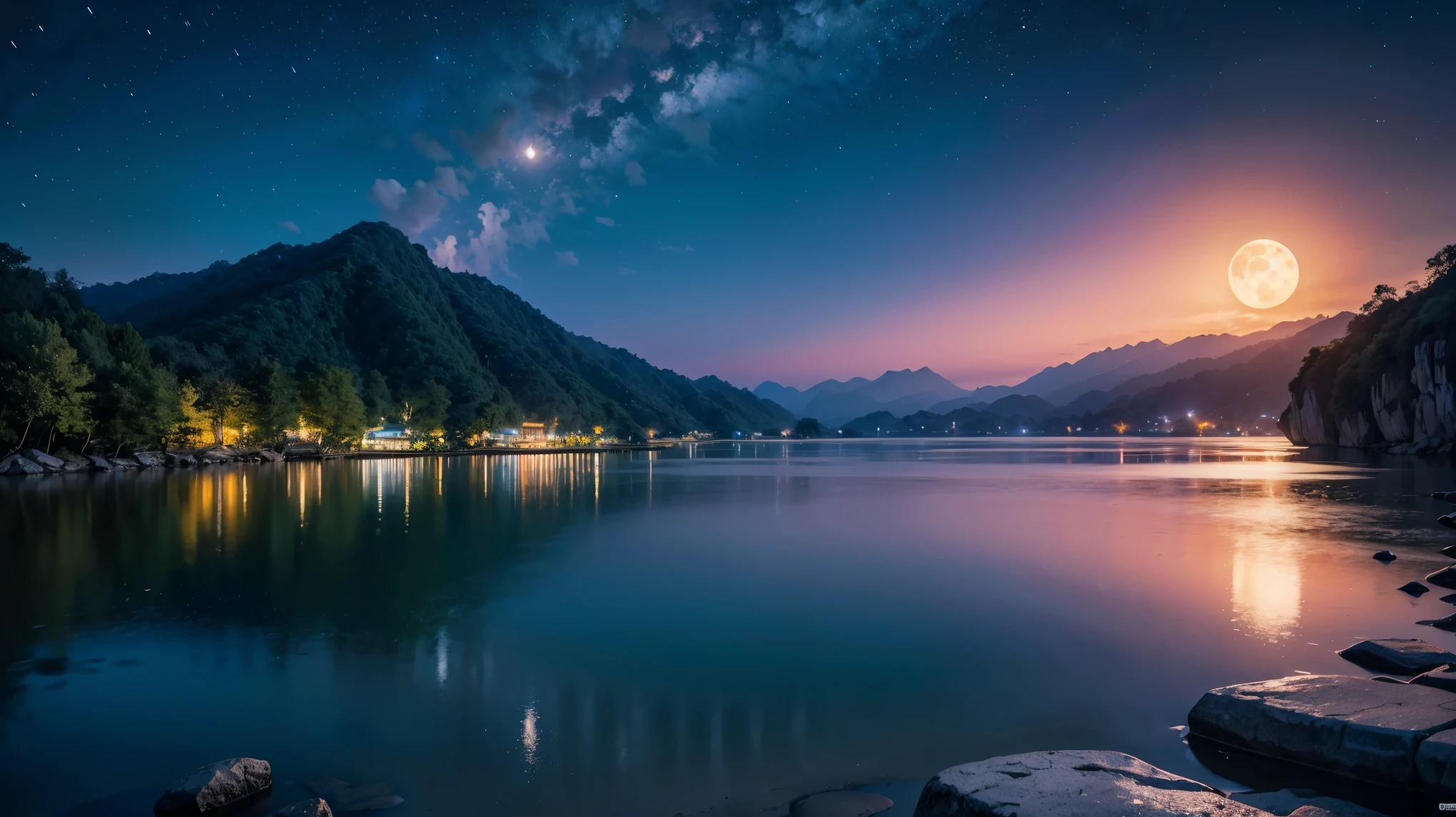 アジアの家のNight view, Vietnam, Vietnam, Hazan, moon, Lake in the foreground, quiet night, Green and Blue, Digital Illustration, Highly detailed digital art in 4K, Night view, anime art wallpaper 4k, anime art wallpaper 4k, 4K Detailed Digital Art, Natural scenery at night, Anime Art Wallpapers 8K, Background artwork, Beautiful Art UHD 4K, 4k HD illustration wallpaper