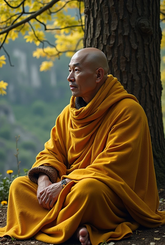 A bald Asian man wrapped in a golden blanket sits under a large tree in a forest by a cliff and the morning sunlight.