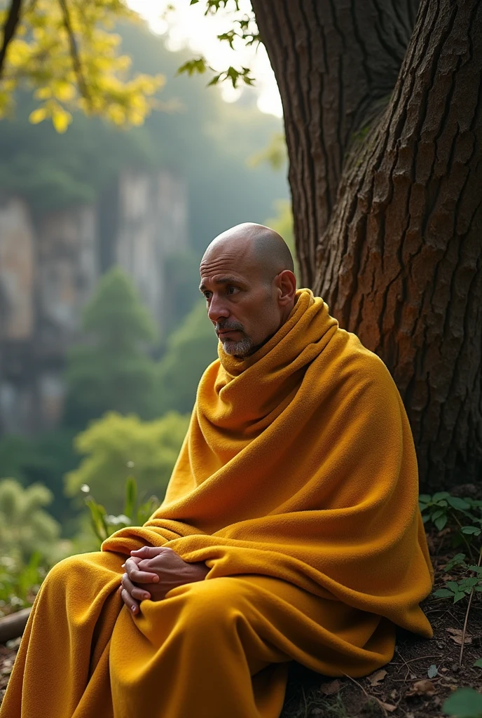 A bald Asian man wrapped in a golden blanket sits under a large tree in a forest by a cliff and the morning sunlight.