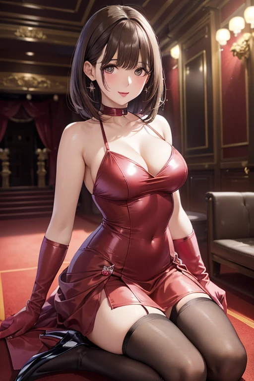 anegasaki nene、Shiny brown hair, short hair, (Beautiful brown eyes、Sparkling eyes, Fine grain)、smile、Ultra-detailed eyes、Very detailed顔, Very detailed目,
(One girl, alone, alone),
((alone, (1 Female,Pink lipstick,), Very detailed , Soft indirect lighting, 4K, Perfect Eyes, Perfect Face, Perfect lighting, The first girl)),
, ((Evening Dresses, Red dress, Red gloves, Red High Heels, black tights, Mansion, stage, Red carpet))