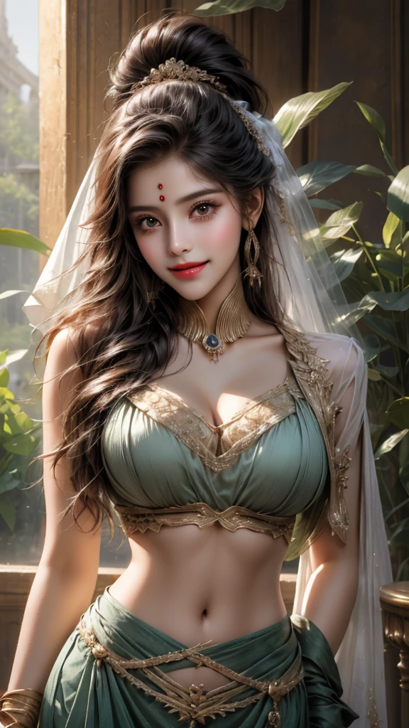 A young realistic woman adorned in very elegant traditional sexy Indian attire, cute and sexy face, very very enormous breasts(boobs), sexy body type, sexy outfit, sexy smile. Indian wedding (realistic perfect face))