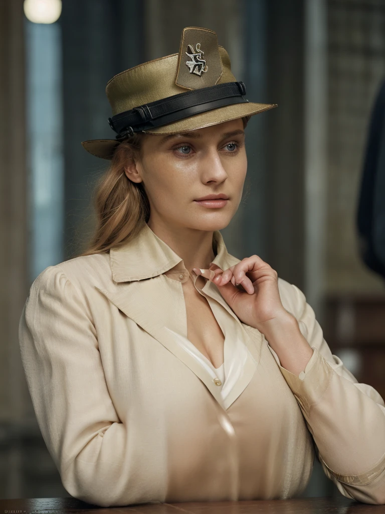 a woman in 1943 setting, full upper body, open jacket, high quality, realistic, sks woman, white blouse, black jacket, nazi uniform, ss woman, nazi woman, inglorious basterds movie, skirt, ultra realistic