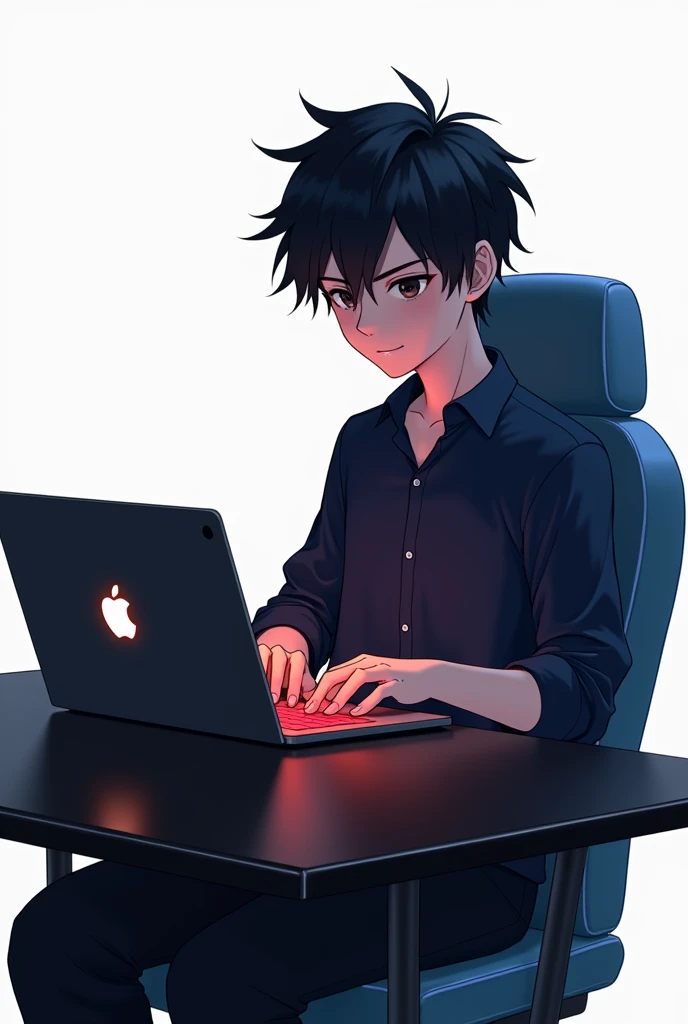 A 16 year old boy working in his blackish apple laptop. The keyboard was shining with red color.He weard a dark blue shirt and sat into a black(border blue) stylish chair. His hair is stylish but small. His skin is white. It's showing his right side.The background is white. His pant is black ! It's anime but looks like real ! He is so very much fat. He is happy but his mouth is close. Don't show his full body and bottom of the chair. Eye color is blackish. Apple logo has no color.