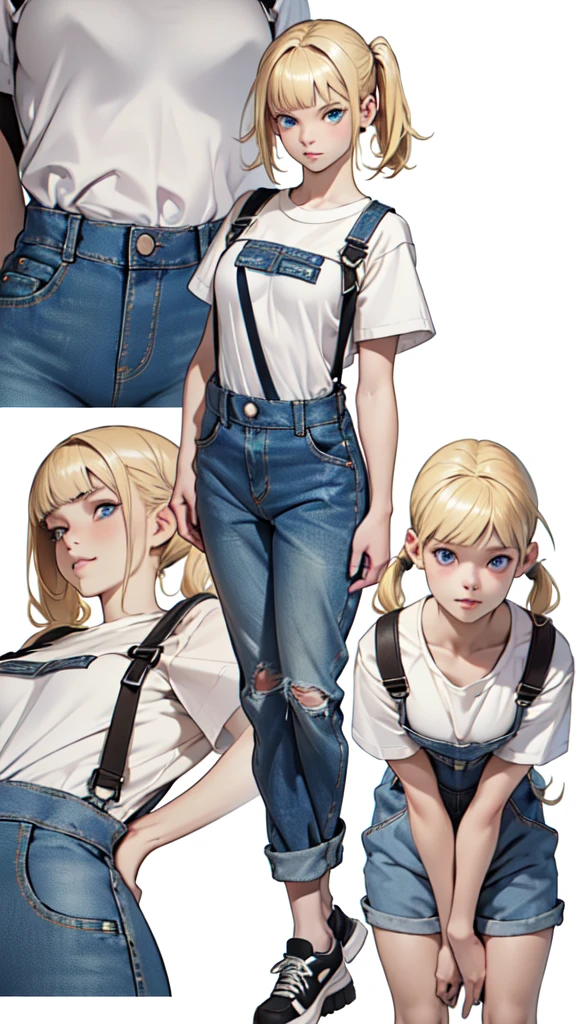 (absurdres, highres, ultra detailed),(absurdres, highres, ultra detailed), 1 girl, ((realistic 14 year old)), finely detailed eyes and detailed face, warm smile, (low twintail bum with blunt bangs hairstyle), (((wearing a white T-Shirt beneath a jeans baggy denim shortall))), sneakers, cute expression, ((anime character sheet)), (((full body))), (several poses and expressions), blue eyes, ((blonde hair)), dynamic pose, (((pale skin))), white background