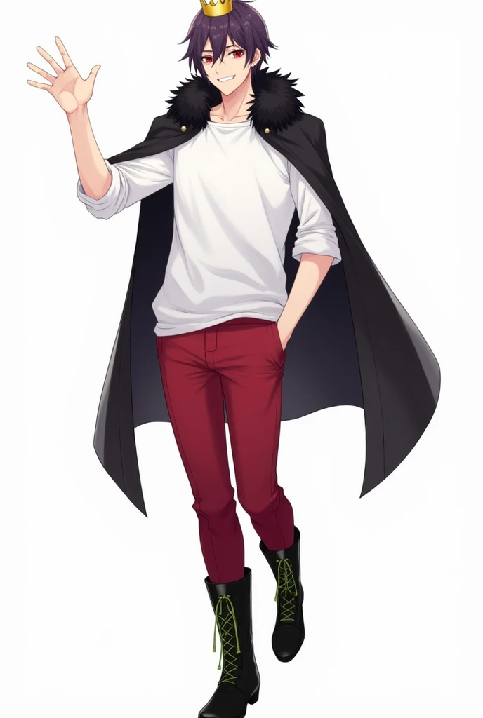 Smiling and waving towards the front、High school student male、A small, plain golden crown is worn on the upper left side of the head.、Dark purple short hair(Sideburns、bangs)、Black fur on shoulders、One black cloak、The cape is worn without the sleeves in place、Both eyes are red、A plain white t-shirt with elbow-length sleeves、Red long sleeve trousers、black long boots(Green shoelaces)