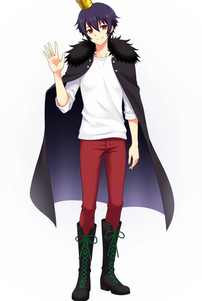 Smiling and waving towards the front、High school student male、A small, plain golden crown is worn on the upper left side of the head.、Dark purple short hair(Sideburns、bangs)、Black fur on shoulders、One black cloak、The cape is worn without the sleeves in place、Both eyes are red、A plain white t-shirt with elbow-length sleeves、Red long sleeve trousers、black long boots(Green shoelaces)