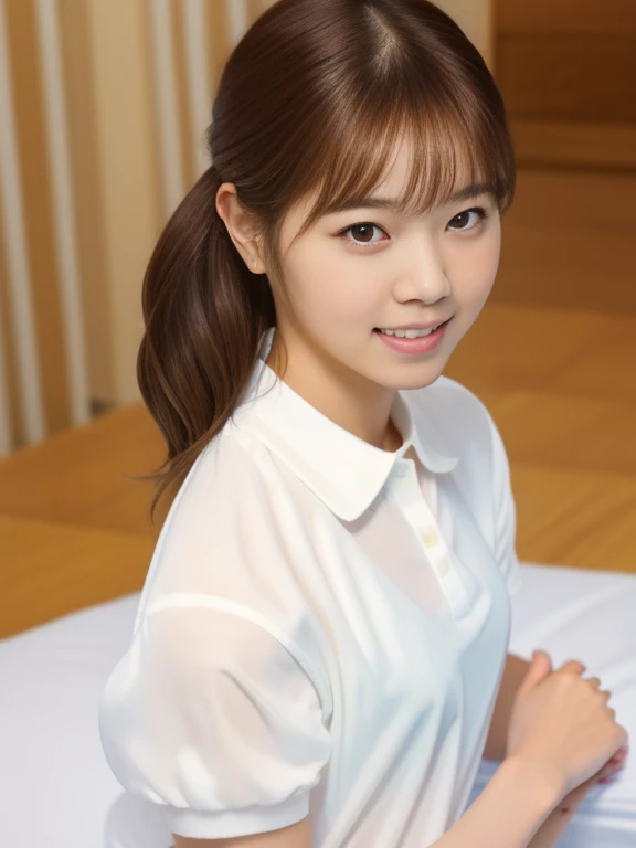 (Masterpiece, Best quality, 8K:1.3), (Ultra realistic, Photo-realistic:1.2), (From above:1.3), From side, (Crawling position:1.1), (Seductive pose:1.1), Natural light, 28 years old actress, Japanese women, Neat and clean, (White tennis uniform, White short-sleeve polo shirt:1.2), (unbutton:1.3), (White tennis mini skirt:1.2), White sock, (Beautiful thighs:1.1), (ponytail:1.1), (Short wavy hair:1.2), Light brown hair color, (Beautiful Face), Oval face, clear, Beautiful eyes, Kind eyes, Bedroom eyes, (Clear skin), Natural makeup, Small face, Small mouth, Beautiful mouth, Approachable, Luxury hotel Suite room, On bed, Seductive smile, Shy,