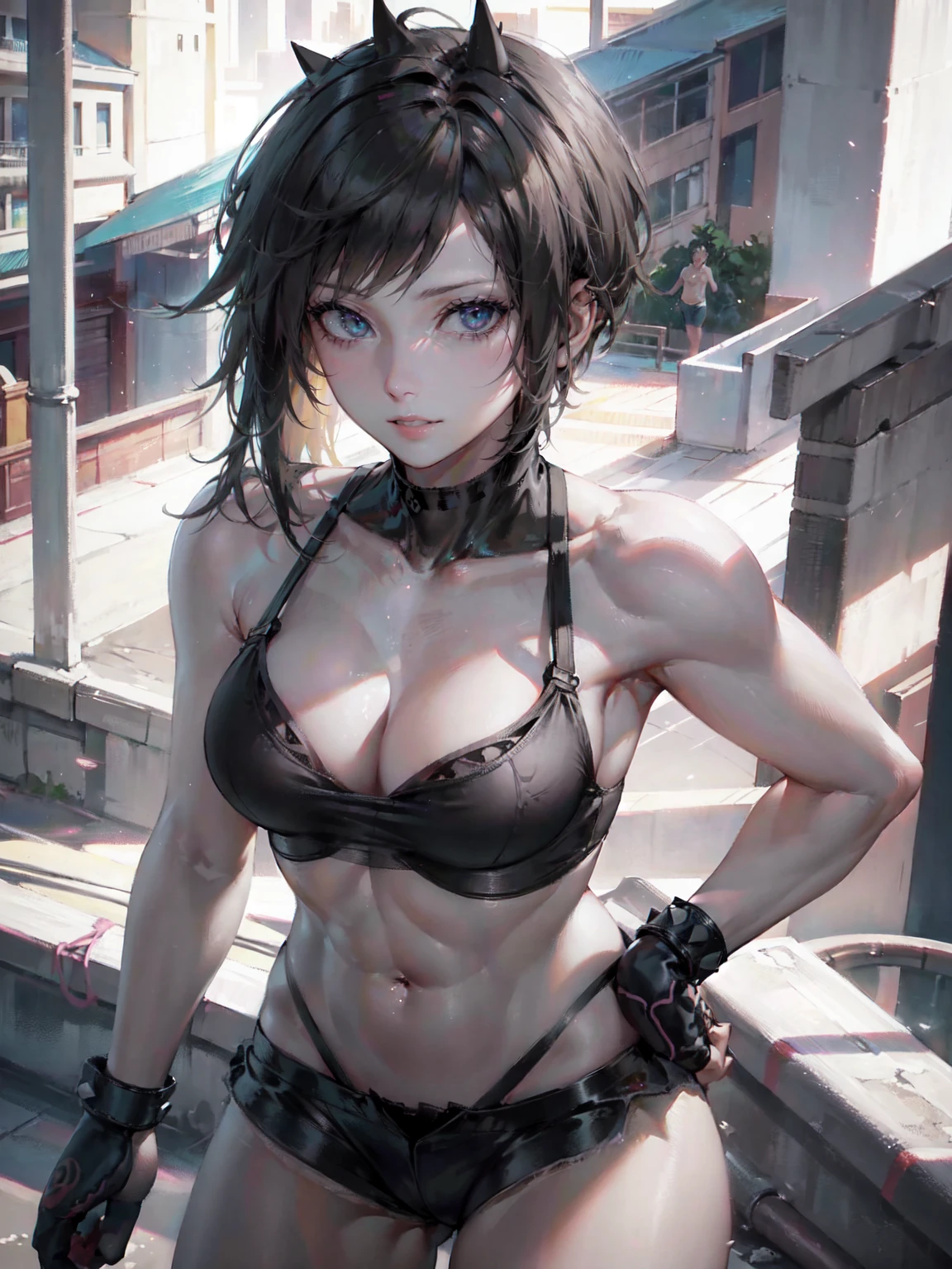 tomboy girl, athletic fit body, short spiky hair of nutty color, beautiful detailed eyes, beautiful detailed lips, tank top, boy shorts, detailed muscular legs, dynamic pose, realistic, photorealistic, 4k, 8k, highres, masterpiece, ultra-detailed, (1girl)