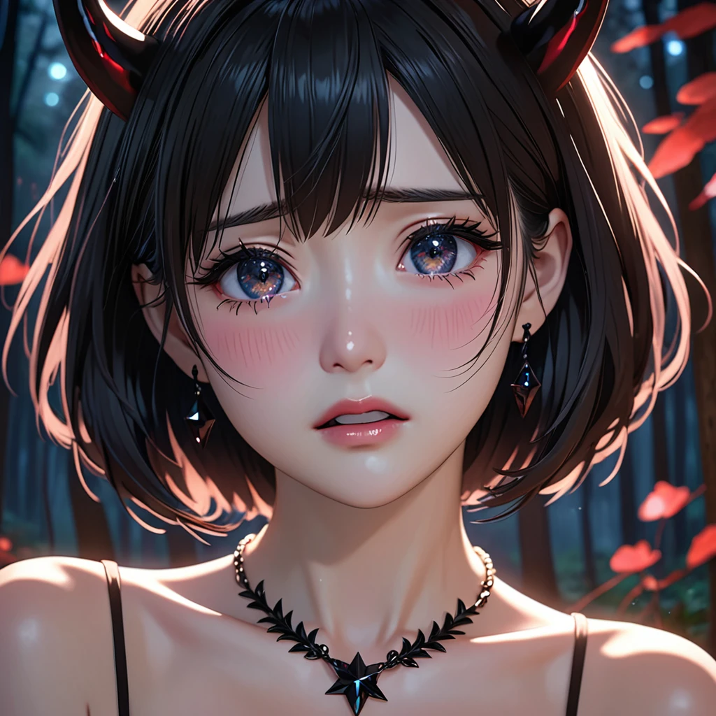 National Science Foundation,masterpiece,High resolution,8k,Art,digit,Three-dimensional,Realism,Kyoto Animation Style,your name movie style,look into camera,cute,In the silent dark forest,(1 girl: 1.3),(alone: 1.4),(Dressed as a sexy succubus),Put your hands behind your head,Black devil horns,Black crystal necklace,Black crystal earrings,Black hair,Long eyelashes,Slender legs,Short Bob,Close-up of upper body,Close-up,(A Closer Look),Eyes as deep as the starry sky,shy,blush,pain,sad,sad,cry,Tears,open mouth