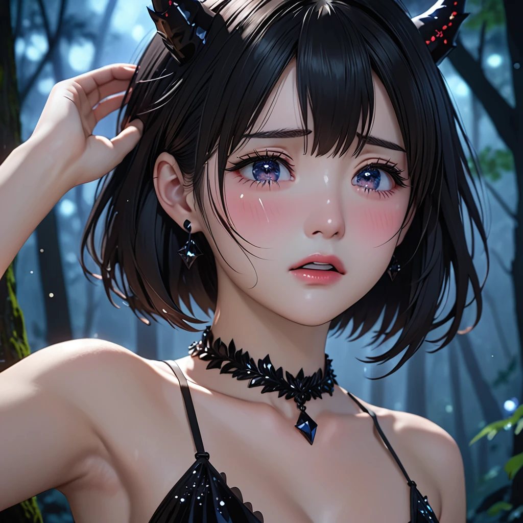 National Science Foundation,masterpiece,High resolution,8k,Art,digit,Three-dimensional,Realism,Kyoto Animation Style,your name movie style,look into camera,cute,In the silent dark forest,(1 girl: 1.3),(alone: 1.4),(Dressed as a sexy succubus),Put your hands behind your head,Black devil horns,Black crystal necklace,Black crystal earrings,Black hair,Long eyelashes,Slender legs,Short Bob,Close-up of upper body,Close-up,(A Closer Look),Eyes as deep as the starry sky,shy,blush,pain,sad,sad,cry,Tears,open mouth