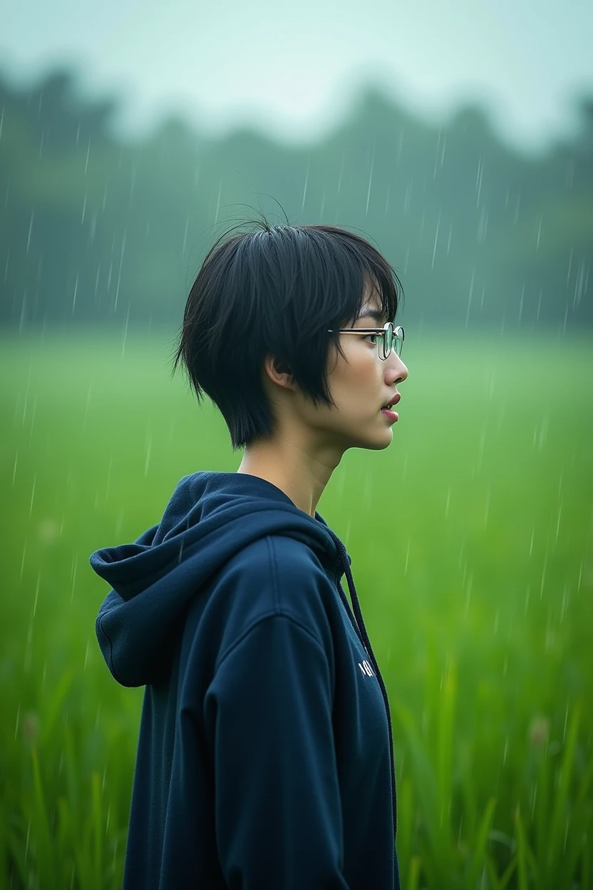 (photorealistic) realistic image of a (Asian woman), (slim build), (short hair), (white skin), (dark eyes), wearing a shirt in navy blue hoodle, walking in heavy rain with a (serious face), (wearing glasses), capturing a (Kodak color film look), featuring a (grainy texture), surrounded by a picturesque (wide rice field) under dramatic weather, atmospheric, vivid colors, natural lighting, emotionally charged ambiance.