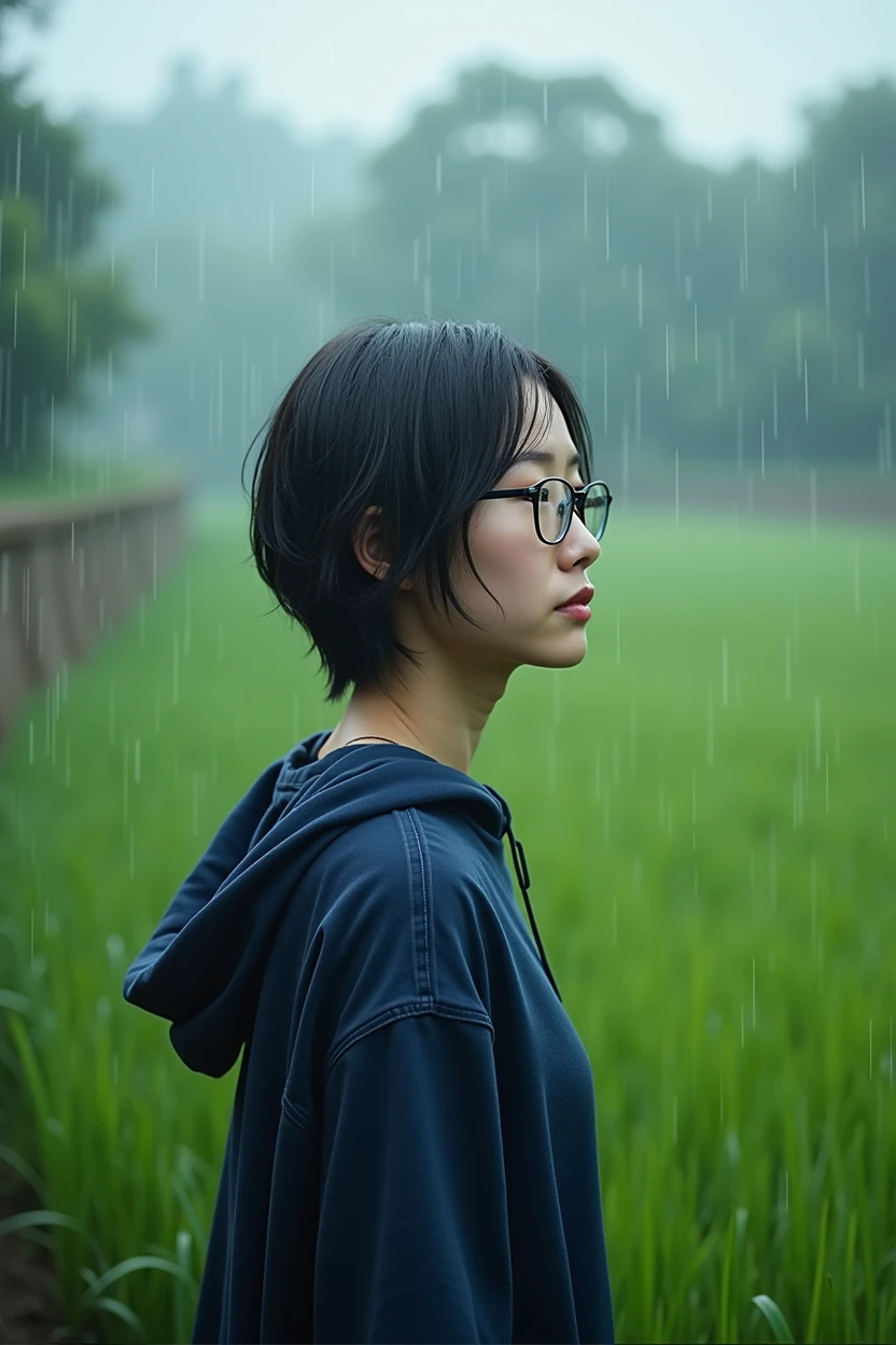 (photorealistic) realistic image of a (Asian woman), (slim build), (short hair), (white skin), (dark eyes), wearing a shirt in navy blue hoodle, walking in heavy rain with a (serious face), (wearing glasses), capturing a (Kodak color film look), featuring a (grainy texture), surrounded by a picturesque (wide rice field) under dramatic weather, atmospheric, vivid colors, natural lighting, emotionally charged ambiance.