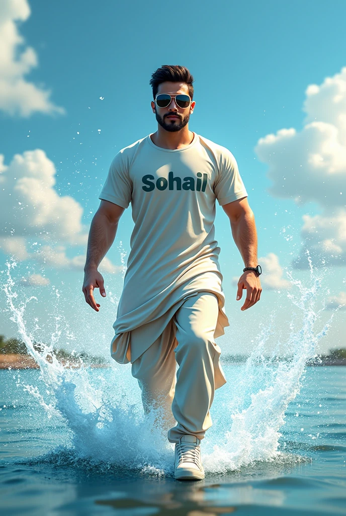 Create a 3D illustration of a realistic man 30 year age character walking out from social media with a splash colours water effect. The character must wear a Pakistani independence day clothing sneakers and sunglasses. “Sohail” is written on his T-shirt. The background is a social media profile with a user name “Sohail” and profile picture of him and a beautiful sky profile cover.