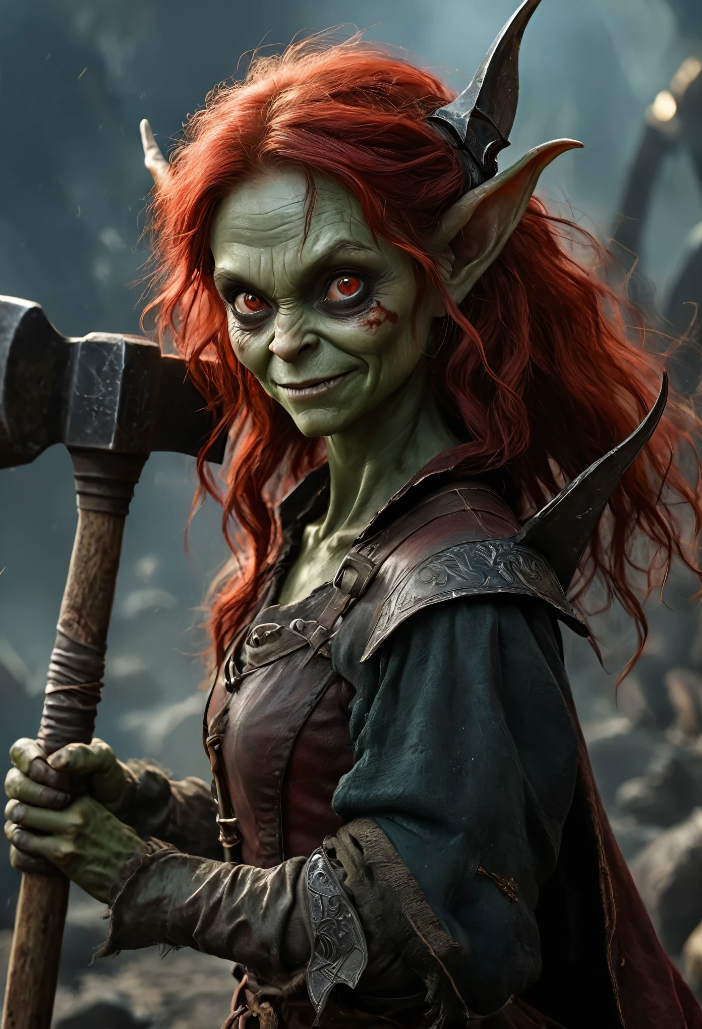 Realistic anime character, cute goblin female, redhead, red eyes, full body portrait, holding a big hammer, little smile, in battle, dynamic composition, intricate gloomy background, dark fantasy style, dark arts, depth of field, blood of the enemies 