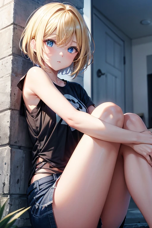 Anime girl, blonde short shoulder-length hair, blue eyes, black t-shirt