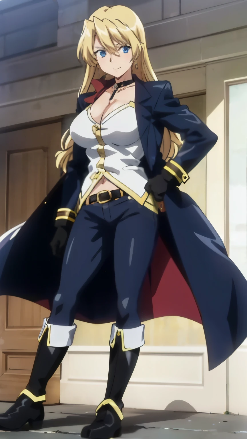 masterpiece, high quality, best quality, 1girl, (muscular:1), muscles, abs, biceps, thighs, obliques, abs lines, naval, thighs, fit, (super gigantic breasts), buffed, (closed mouth, half smile), spsara, blonde hair, blue eyes, earrings, cleavage, choker, (black overcoat), (white shirt), black pants, black gloves, belt, boots, white background, anime screencap, anime key visual, full body <lora:SpacePirateSara:1>