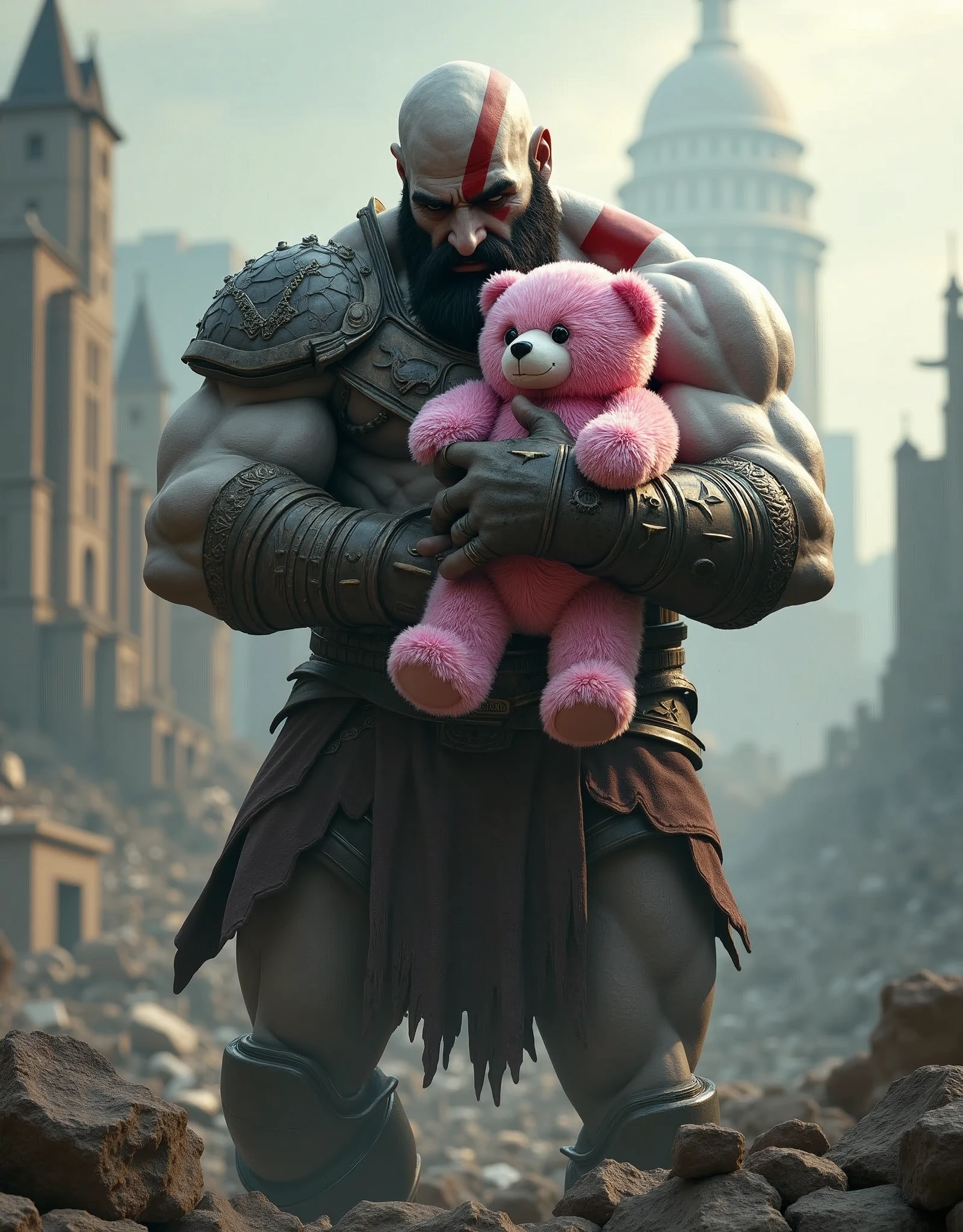 god of war, standing, hugging a pink teddy bear, against the backdrop of the (ruined city:1.1)
unreal engine
style of Artgerm
finely detail, ultra-detailed, highres