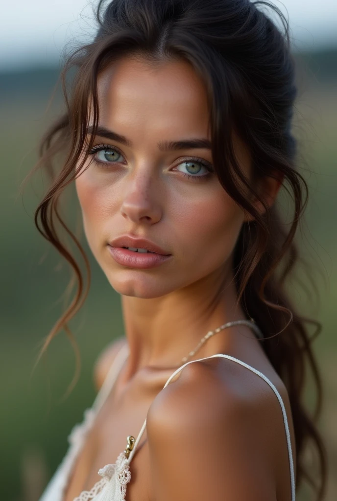 Crée moi une femme brune avec des yeux gris bleuté et un visage et corps parfait un peu dénudé avec un beau paysage 