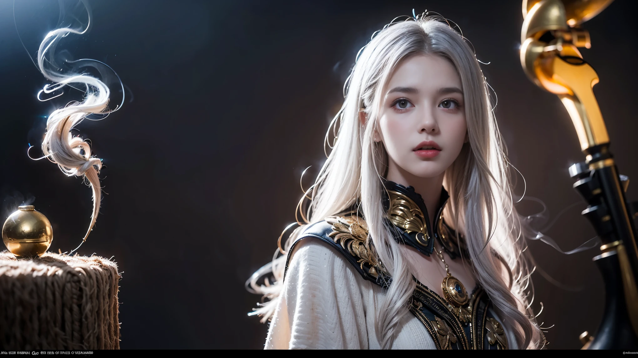 poRtRait, Beautiful woman, wHite HaiR, oRnate dRess, (long HaiR in waves like smoke):0.85 , confident expRession, detailed, 16K, sf, intRicate aRtwoRk masteRpiece, Unlucky, matte painting movie posteR, golden Ratio, tRending on cgsociety, intRicate, amazing, tRending on aRtstation, By Artgerm, H. R. Giger and Beksinski, HigHly detailed, vibRant, pRoduction cinematic cHaRacteR RendeR, ultRa HigH quality model:1