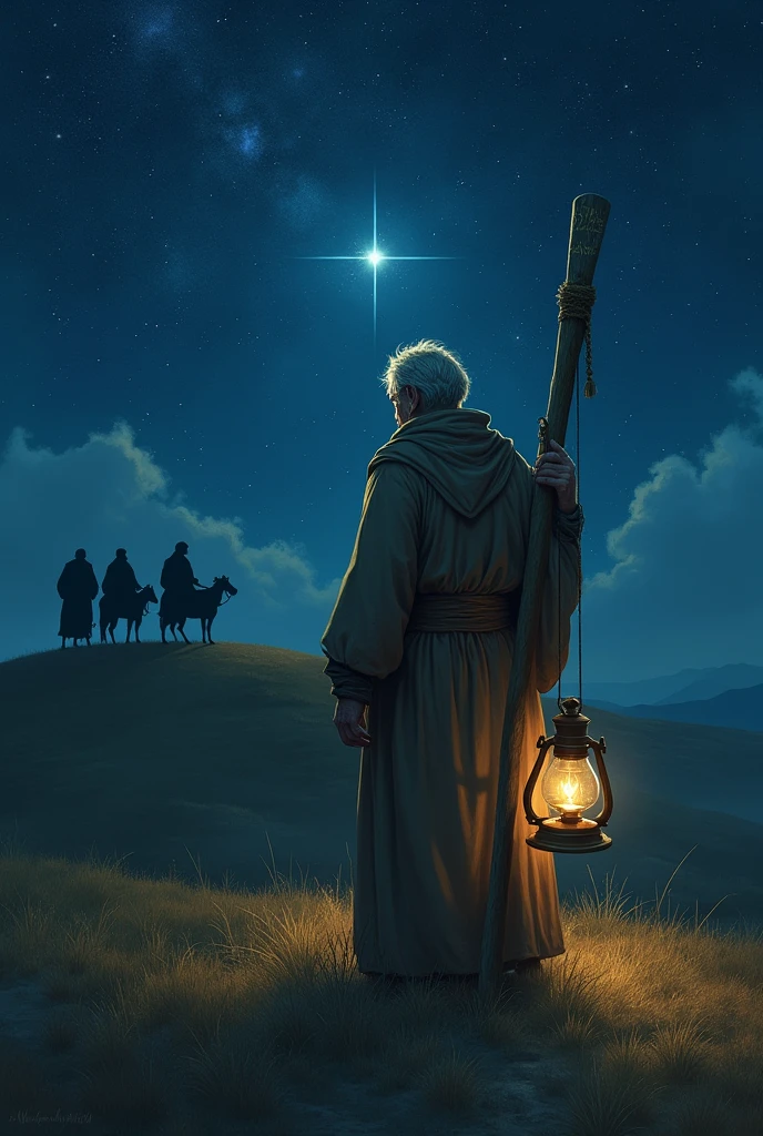 A hermit at night with a starry sky holding his lantern in one hand and in the other a staff with the phrase written on it I am the one who walks the path. On the hill behind him appears the Morning Star and the shadows of the three wise men in their street vendors.