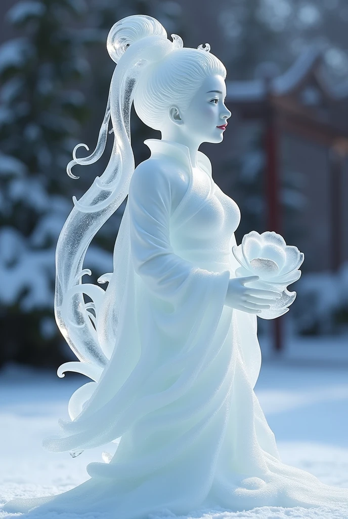 (ice - carving:1.4),Movie Angle,(Fan Bingbing,  ice sculpture girl,Anatomically correct,full bodyesbian,Masterpiece ice sculpture camellia,Representative work Hanfu,Smile,sexy,full body arts,traditional arts)