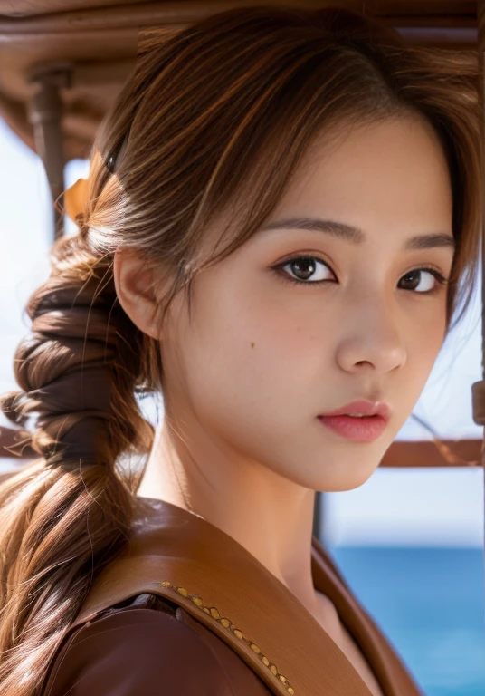 (masterpiece: 1.3), (8k, Realistic, RAW Photos, Highest quality: 1.4), Beautiful 20 year old Japanese woman, (Random Hairstyles: 1.2), Ultra Detail Face, Eye on the details, double eyelid, Sharp focus: 1.2, Beautiful woman: 1.4, Light brown hair, Highest quality, masterpiece, Ultra-high resolution, (Realistic: 1.4), Ahegao, Shining Sweat, Camel Toe。nipples sticking out under the shirt,, Shining Sweat, thin, Serious expression, Camel Toe。Pirate Costume、On an old pirate ship、The background is the sea。