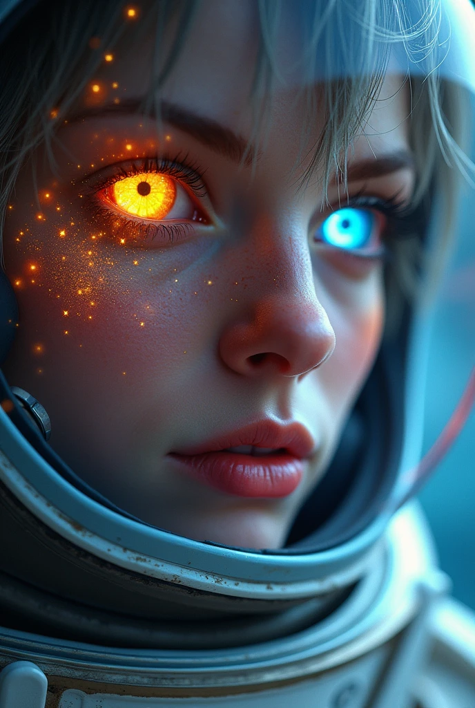 (Close-up of a better masterpiece:1.5)0.9], (Space and astronauts:1.2) (Messy silver hair:1.1) (Heterochromia xanthochromia and blue eyes:1.2) (Space Helmet:1.0) (Colored stars in the eyes:1.0) (A radiant glow:1.1) (thick lips:0.9)