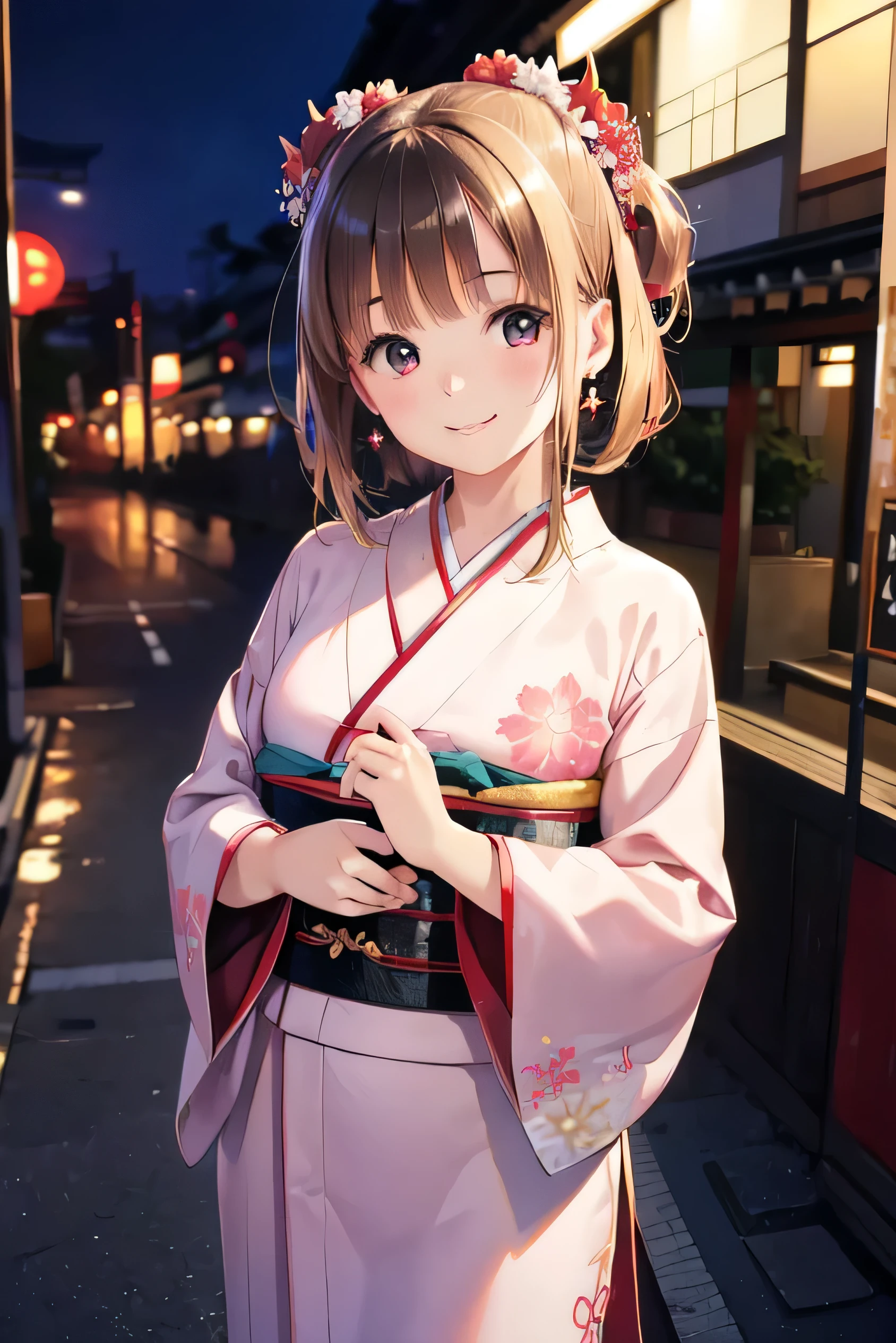 1 girl, kimono, japanese dress, best quality, masterpiece, illustration, (realistic, photo-realistic:1.37), amazing, in detail, incredibly absurd, huge file size, very detailed, Goding, very detailed CG Unity 8k 벽지, ray tracing, moderate chest, Cute Korean girl wearing hanbok taking pictures outdoors, In Seoul, With a smiling face, blush, earring, medium hair, Tokyo Background, Or Tokyo night view, masterpiece