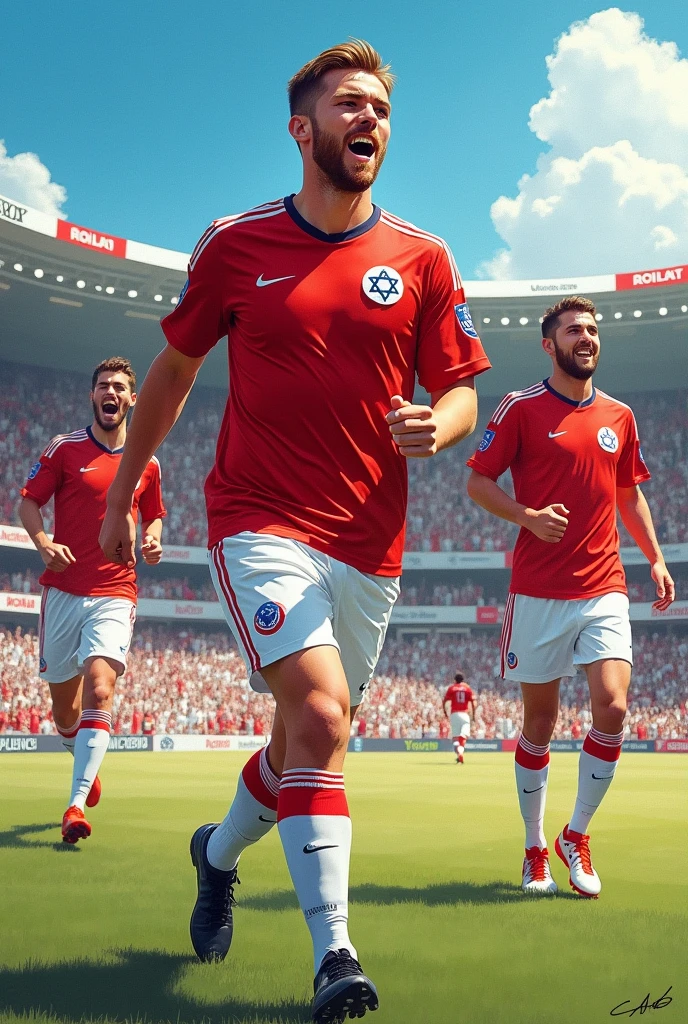  Draw me the Maccabi Tel Aviv soccer players winning the championship and celebrating, and very happyThen a fan dressed in a red shirt and ,Then a fan wearing a red shirt and white pants took a gun and shot one of the Maccabi Tel Aviv football players while Maccabi Tel Aviv football was celebrating the championship