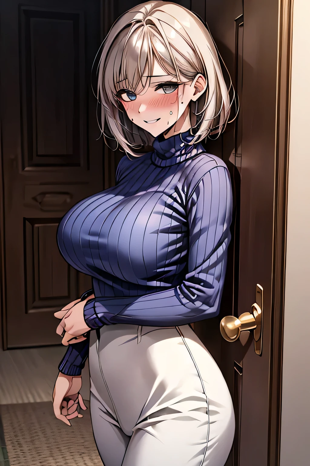 /(Modern house interior/), Only One Woman, Mature Woman, /(blue ribbed Sweater/), bangs, kind, Blushing smile, (Top quality masterpiece:1.2) Delicate illustrations, Very detailed, Large Breasts、((Sweat,vapor))、In front of the entrance door、visit、(Full Shot)),