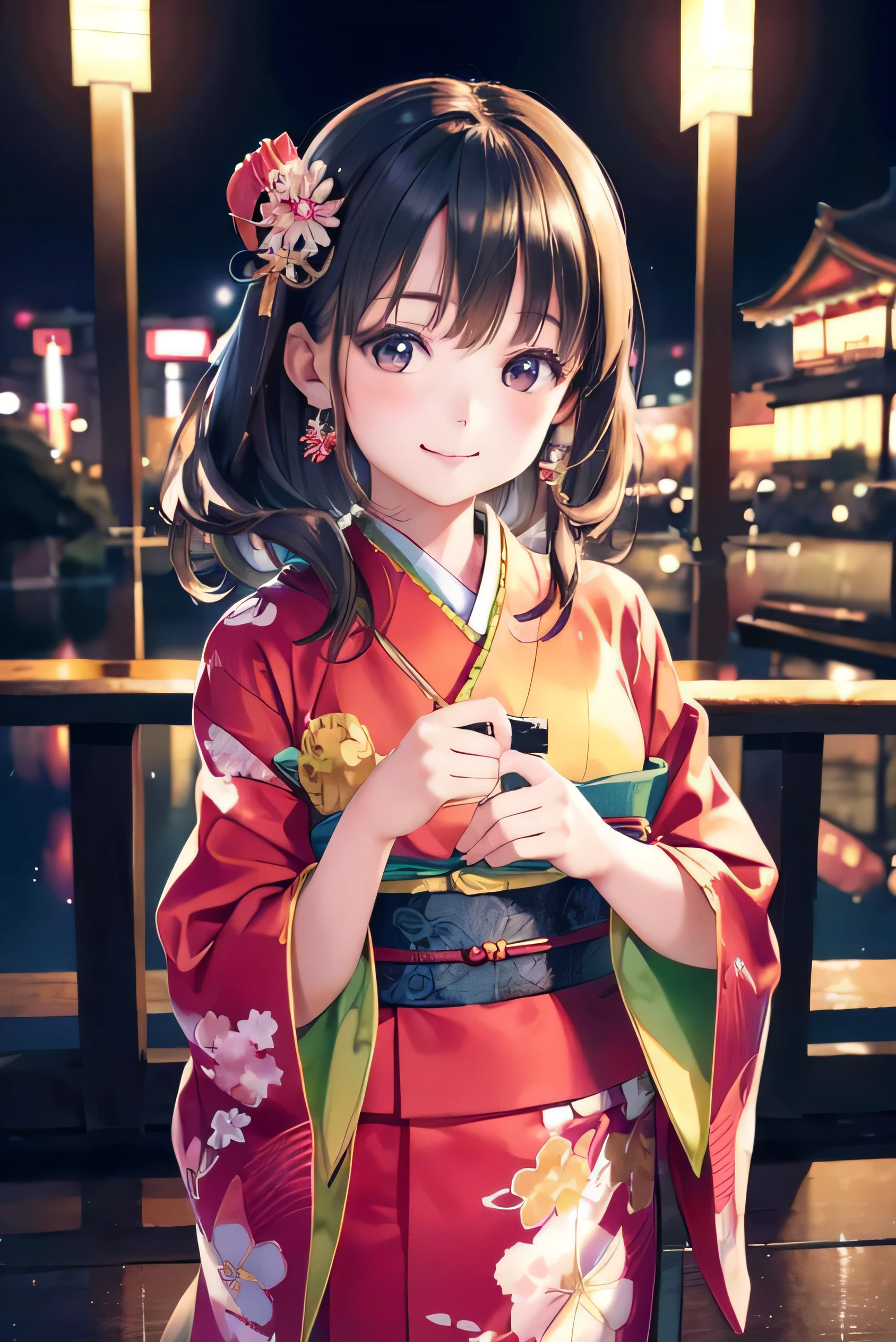 1 girl, kimono, japanese dress, best quality, masterpiece, illustration, (realistic, photo-realistic:1.37), amazing, in detail, incredibly absurd, huge file size, very detailed, Goding, very detailed CG Unity 8k 벽지, ray tracing, moderate chest, Cute Korean girl wearing hanbok taking pictures outdoors, In Seoul, With a smiling face, blush, earring, medium hair, Tokyo Background, Or Tokyo night view, masterpiece