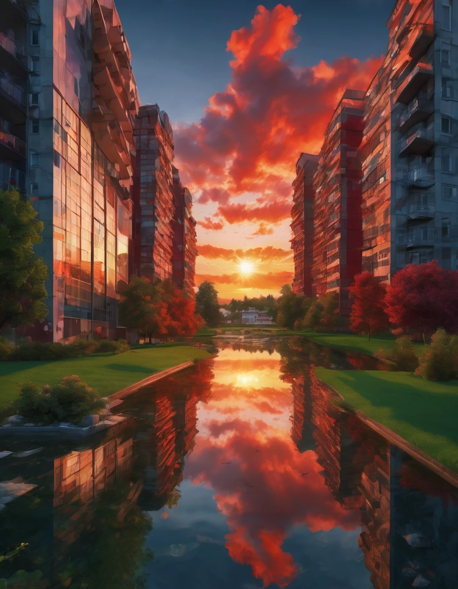 High quality, high resolution, best composition, cinema style, summer landscape, sunset behind urban buildings, reflection of buildings in park pond, red clouds, dynamic and breathtaking, fantastic, peaceful and beautiful scenery.