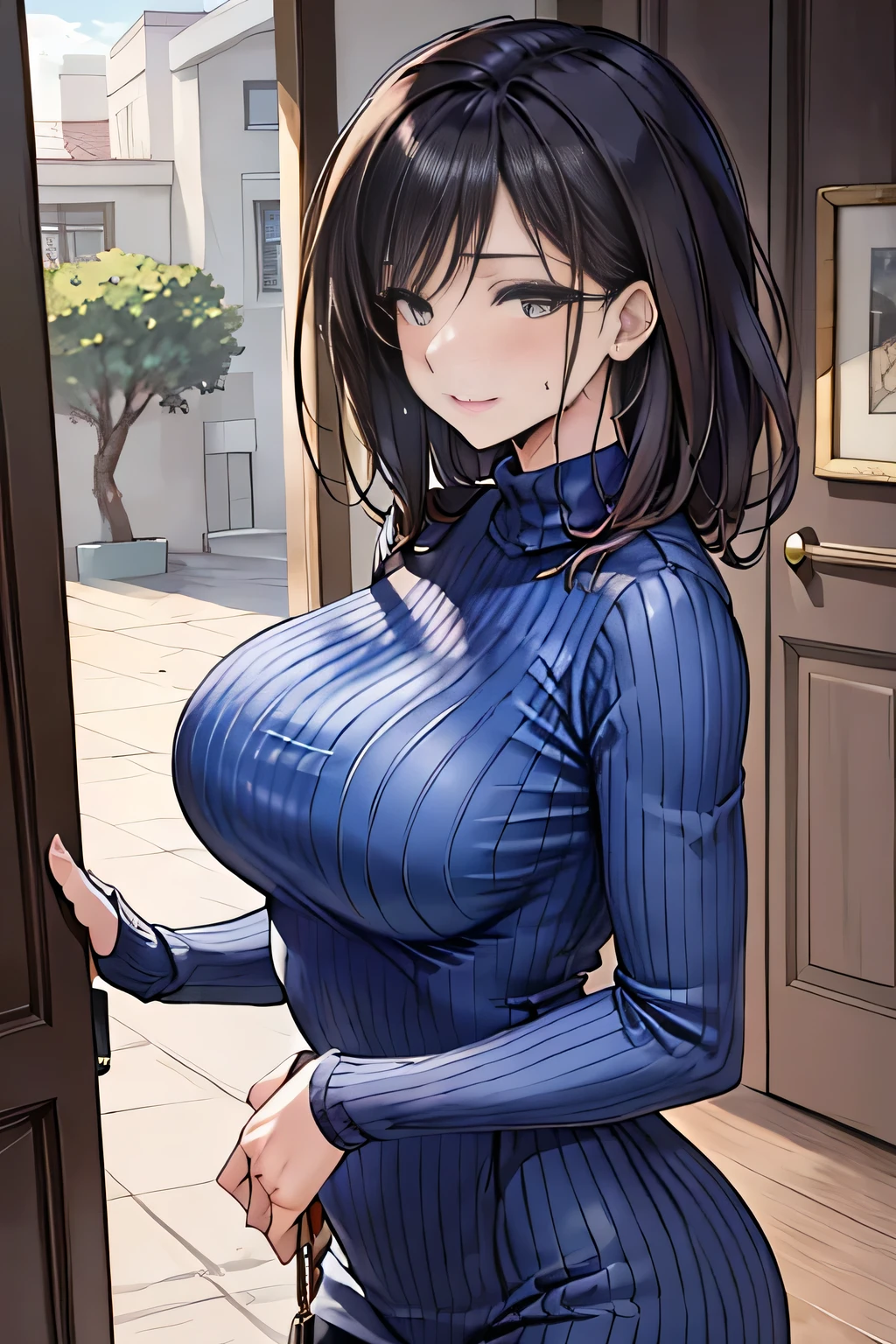 /(Modern house interior/), Only One Woman, Mature Woman, /(blue ribbed Sweater/), bangs, kind, Blushing smile, (Top quality masterpiece:1.2) Delicate illustrations, Very detailed, Large Breasts、((Sweat,vapor))、In front of the entrance door、visit、(Full Shot)),