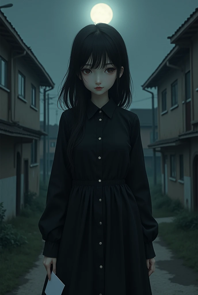 Dark boring girl in god mood. Wearing black cloth like sckool dress- In her hand a white (squar stiker)-. Beside her many boring buildings in a moonlight night. The scene is a little black and white, natural type vibe, (altra highly detailed), masterpice, HD, 8K, realistic.