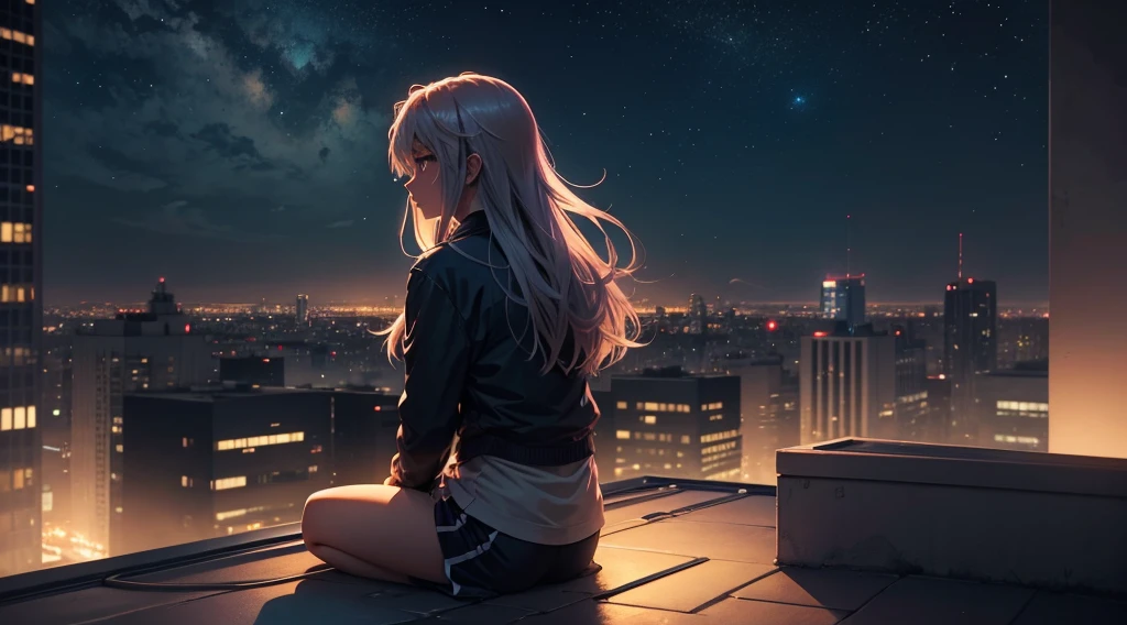 Anime character sitting on a rooftop at night, surrounded by a glowing cityscape, looking contemplative, with a gentle breeze blowing through their hair, representing introspection and solitude.