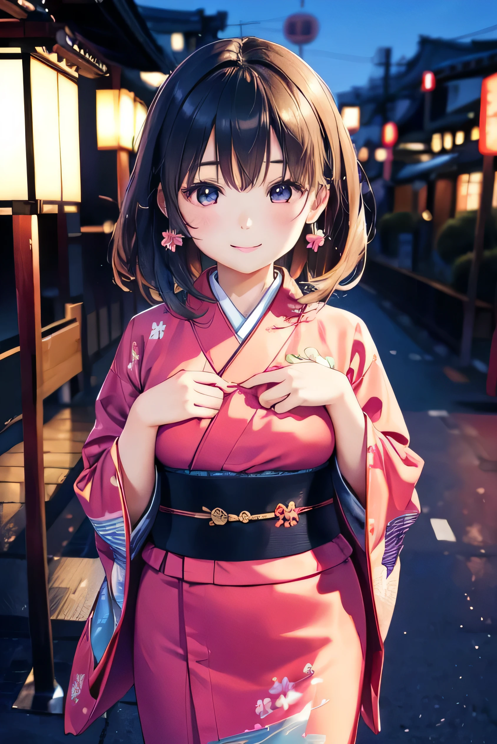 1 girl, kimono, japanese dress, best quality, masterpiece, illustration, (realistic, photo-realistic:1.37), amazing, in detail, incredibly absurd, huge file size, very detailed, Goding, very detailed CG Unity 8k 벽지, ray tracing, moderate chest, Cute Korean girl wearing hanbok taking pictures outdoors, In Seoul, With a smiling face, blush, earring, medium hair, Tokyo Background, Or Tokyo night view, masterpiece