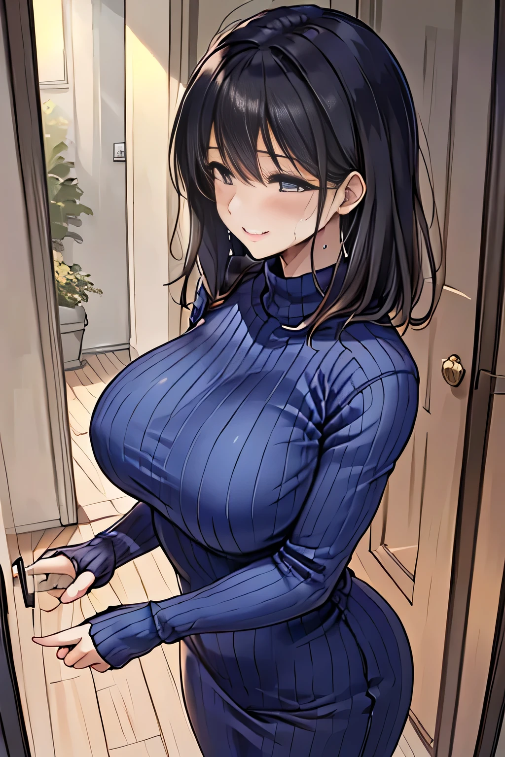 /(Modern house interior/), Only One Woman, Mature Woman, /(blue ribbed Sweater/), bangs, kind, Blushing smile, (Top quality masterpiece:1.2) Delicate illustrations, Very detailed, Large Breasts、((Sweat,vapor))、In front of the entrance door、visit、(Full Shot)),