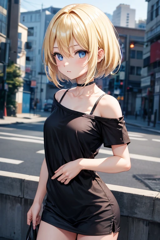 Anime girl, blonde short shoulder-length hair, blue eyes, black t-shirt