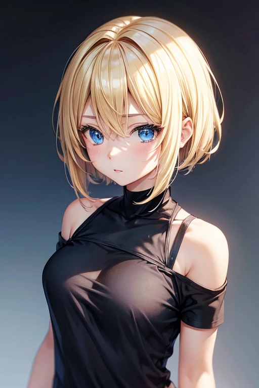 Anime girl, blonde short shoulder-length hair, blue eyes, black t-shirt