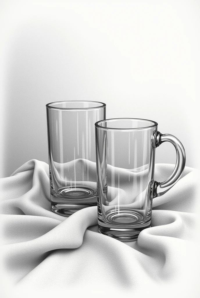 Glass cups pencil drawing on fabric