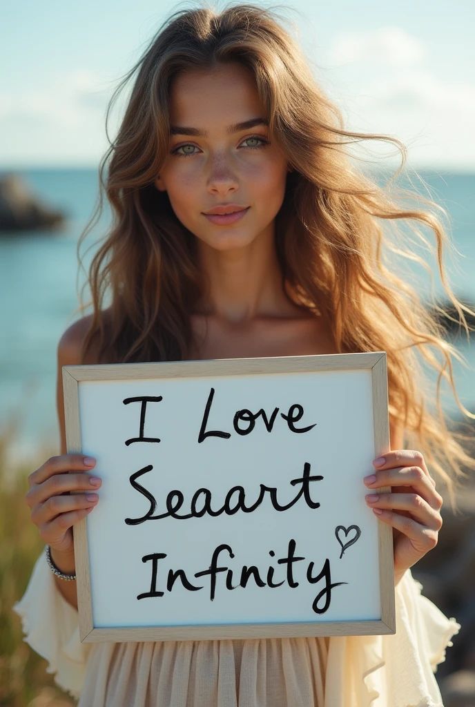 Beautiful girl with wavy long hair, bohemian dress, holding a white board with text "I Love Seaart Infinity" and showing it to the viewer