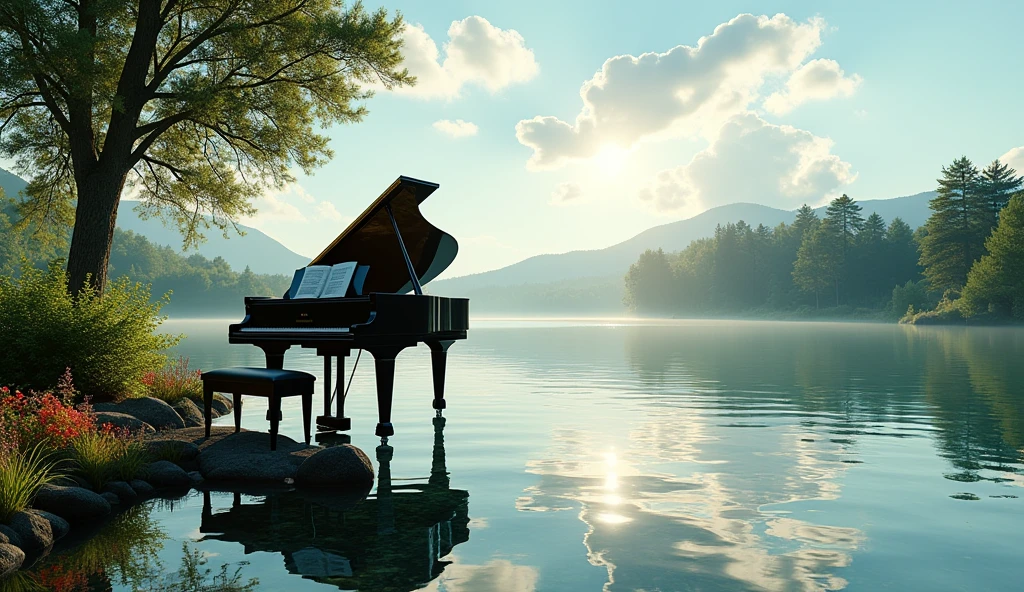 「A grand piano is placed on the quiet lakeside.、Its shape is reflected on the clear water surface.。Fluffy clouds spread across the sky、The sunlight shines softly、Creates a calm and dreamy atmosphere。The surrounding landscape is lush and green.、There are several pine trees and colorful flowers in bloom.、The piano stands out in the natural surroundings。There is music open on the piano's music stand.、It's as if a melody is waiting to be played in this quiet place.。」Green foliage tree、Colorful flower garden、A crystal clear lake sunset