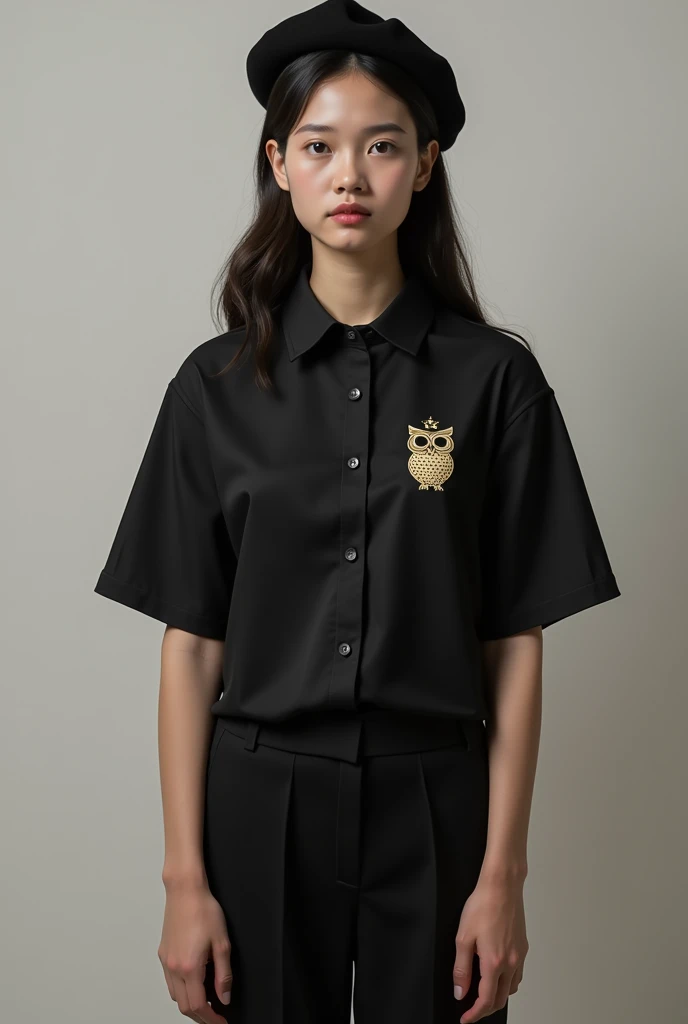 Simple black short sleeve blouse,  with the symbol on the small front on the left side of an owl wearing a military school beret 