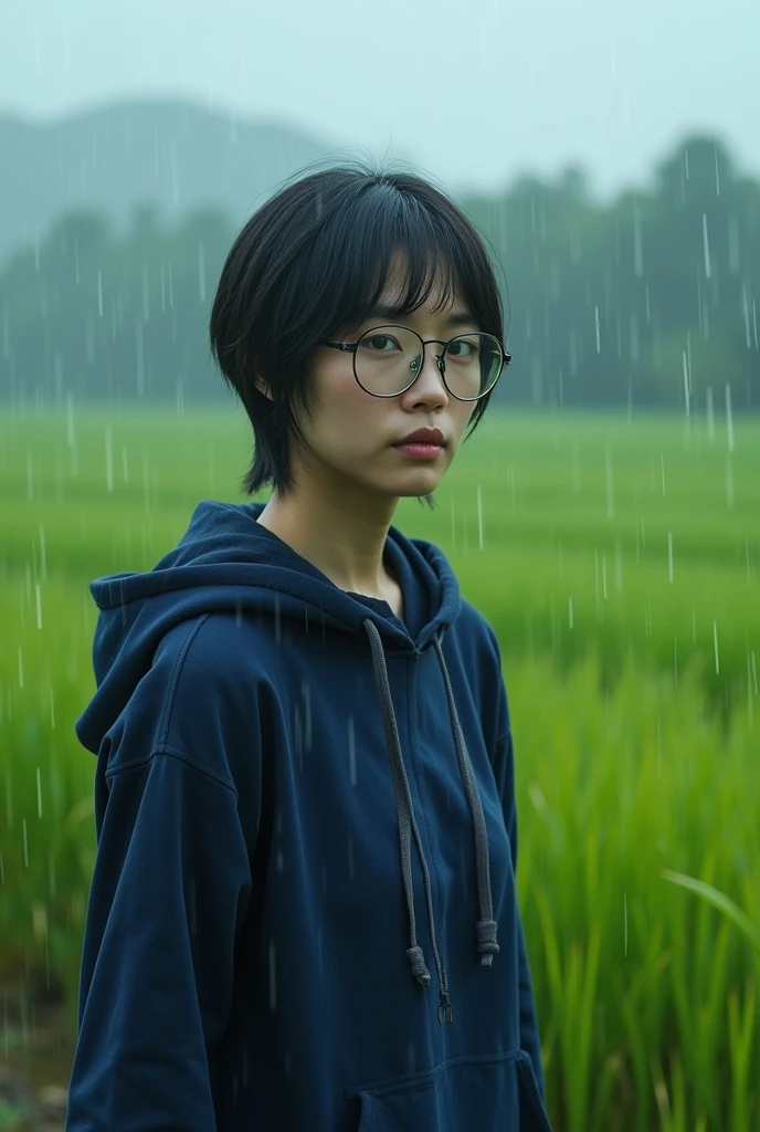 (photorealistic) realistic image of a (Asian woman), (slim build), (short hair), (white skin), (dark eyes), wearing a shirt in navy blue hoodie, walking in heavy rain with a (serious face), (wearing glasses), capturing a (Kodak color film look), featuring a (grainy texture), surrounded by a picturesque (wide rice field) under dramatic weather, atmospheric, vivid colors, natural lighting, emotionally charged ambiance.