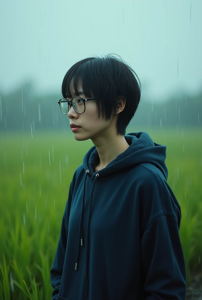 (photorealistic) realistic image of a (Asian woman), (slim build), (short hair), (white skin), (dark eyes), wearing a shirt in navy blue hoodie, walking in heavy rain with a (serious face), (wearing glasses), capturing a (Kodak color film look), featuring a (grainy texture), surrounded by a picturesque (wide rice field) under dramatic weather, atmospheric, vivid colors, natural lighting, emotionally charged ambiance.