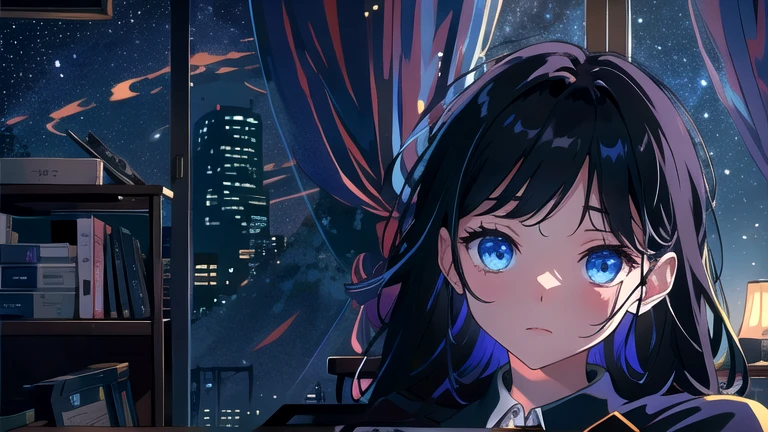 Create an illustration of a girl with black hair and blue eyes, sitting in a chair in front of a desk, Sentimental, Introspective look。, The moonlight gently shines into the room, Gently illuminate the space, Curtains sway in the wind, Increase tranquility, Dark mood, Emphasise the theme of loneliness, silence, And the depths of night, The room is dark、dimly lit by the moonlight