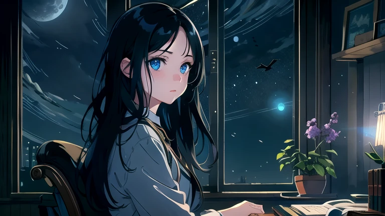 Create an illustration of a girl with black hair and blue eyes, sitting in a chair in front of a desk, Sentimental, Introspective look。, The moonlight gently shines into the room, Gently illuminate the space, Curtains sway in the wind, Increase tranquility, Dark mood, Emphasise the theme of loneliness, silence, And the depths of night, The room is dark、dimly lit by the moonlight