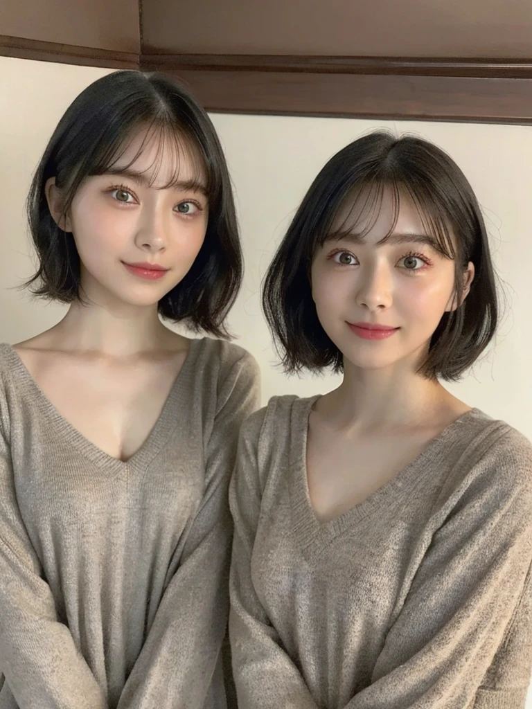 (masterpiece:1.3), (8k, Photoreal, Raw photo, best image quality: 1.4), Japanese high school girl、(random hairstyle:1.2)、cleavage:1.5、super detail face、eye for details、double eyelid、chest to chest、sharp focus:1.2、Beautiful woman:1.4、light brown hair、highest quality、masterpiece、超A high resolution、(Photoreal:1.4)、Highly detailed and professionally lit smiles、loose and light knitwear、shoulder out、thin、serious expression、short haired、deadly position
similar identical twins
All the girls have the exact same face, The two have the same face and figure, as if they were mirror images.