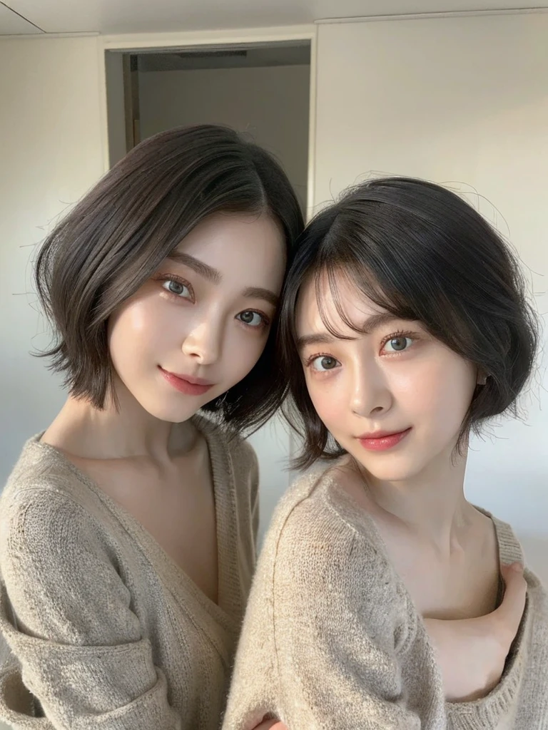 (masterpiece:1.3), (8k, Photoreal, Raw photo, best image quality: 1.4), Japanese high school girl、(random hairstyle:1.2)、cleavage:1.5、super detail face、eye for details、double eyelid、chest to chest、sharp focus:1.2、Beautiful woman:1.4、light brown hair、highest quality、masterpiece、超A high resolution、(Photoreal:1.4)、Highly detailed and professionally lit smiles、loose and light knitwear、shoulder out、thin、serious expression、short haired、deadly position
similar identical twins
All the girls have the exact same face, The two have the same face and figure, as if they were mirror images.